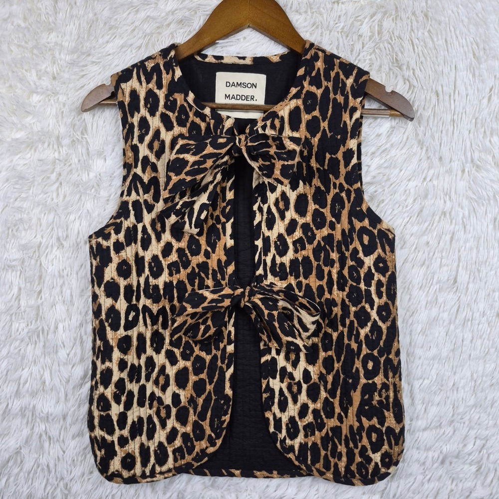 Damson Madder Tilly Gilet Leopard Print Quilted Tie Front Gilet Vest Size 6